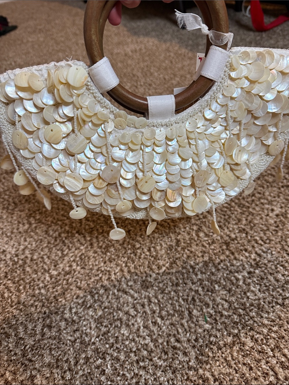T.J.Maxx Ivory/Cream Sequin Disc Tote with Wood Handles